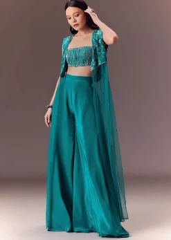Blue Asymmetric Embroidered Jacket With Blouse And Palazzo Pants