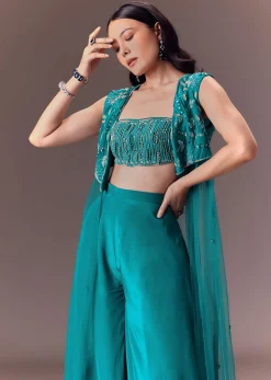 Blue Asymmetric Embroidered Jacket With Blouse And Palazzo Pants