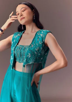 Blue Asymmetric Embroidered Jacket With Blouse And Palazzo Pants