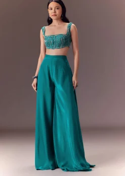 Blue Asymmetric Embroidered Jacket With Blouse And Palazzo Pants