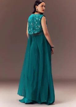 Blue Asymmetric Embroidered Jacket With Blouse And Palazzo Pants