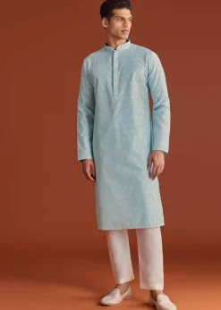 Blue Banaras Jacquard Kurta Set With Printed Design