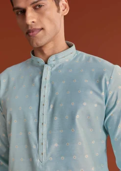 Blue Banaras Jacquard Kurta Set With Printed Design