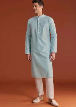 Blue Banaras Jacquard Kurta Set With Printed Design