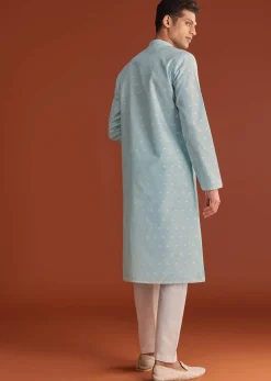 Blue Banaras Jacquard Kurta Set With Printed Design