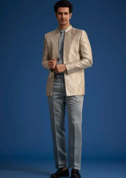 Blue Banarasi Silk Jodhpuri Suit With Pin Tuck Double Collar