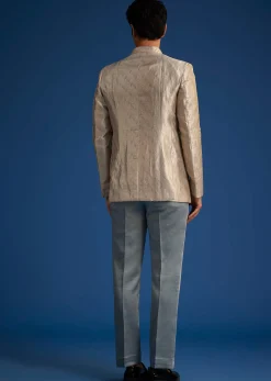 Blue Banarasi Silk Jodhpuri Suit With Pin Tuck Double Collar