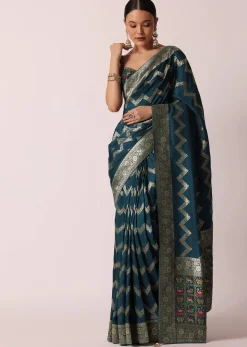 Blue Banarasi Silk Saree With Meenakari Work And Unstitched Blouse Piece
