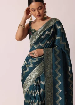 Blue Banarasi Silk Saree With Meenakari Work And Unstitched Blouse Piece