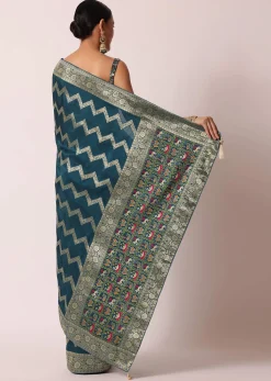 Blue Banarasi Silk Saree With Meenakari Work And Unstitched Blouse Piece