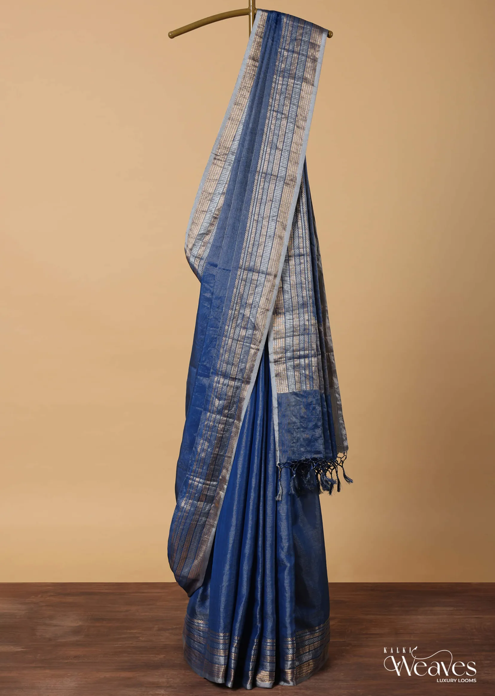 Blue Banarasi Silk Saree With Silver Zari Pallu And Unstitched Blouse Piece
