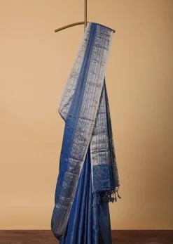 Blue Banarasi Silk Saree With Silver Zari Pallu And Unstitched Blouse Piece