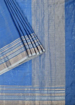 Blue Banarasi Silk Saree With Silver Zari Pallu And Unstitched Blouse Piece