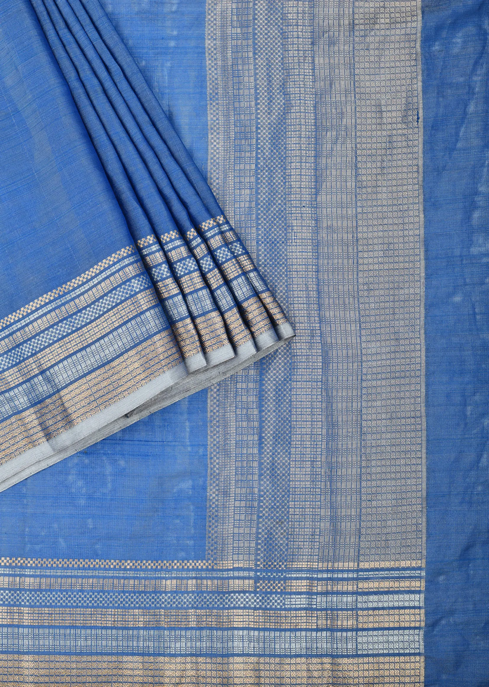 Blue Banarasi Silk Saree With Silver Zari Pallu And Unstitched Blouse Piece