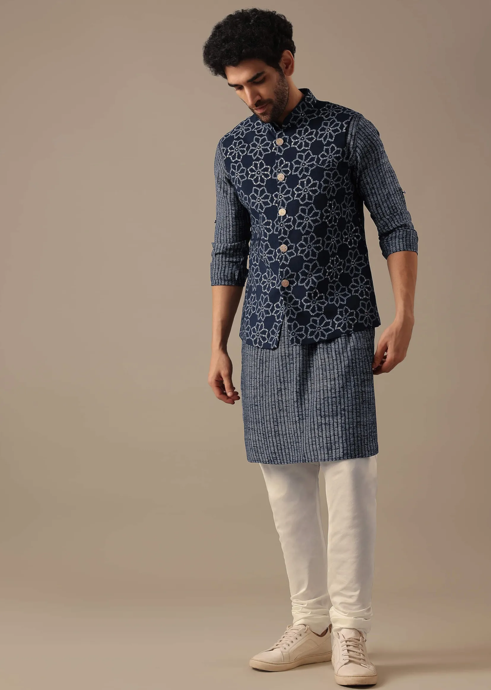Blue Bandhani Print Bundi & Kurta Set in Silk