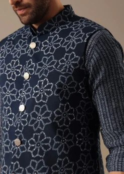Blue Bandhani Print Bundi & Kurta Set in Silk