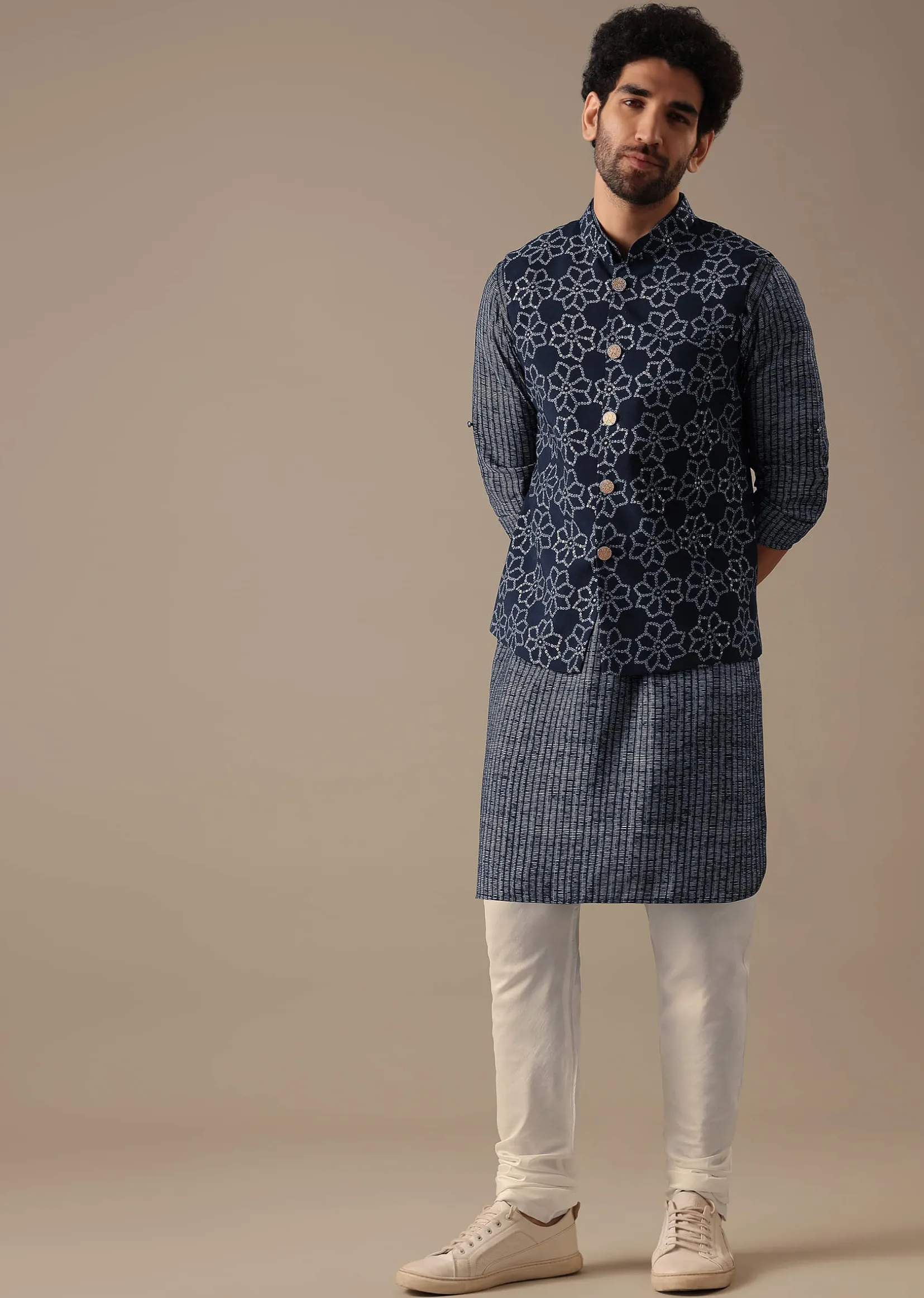 Blue Bandhani Print Bundi & Kurta Set in Silk