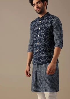 Blue Bandhani Print Bundi & Kurta Set in Silk