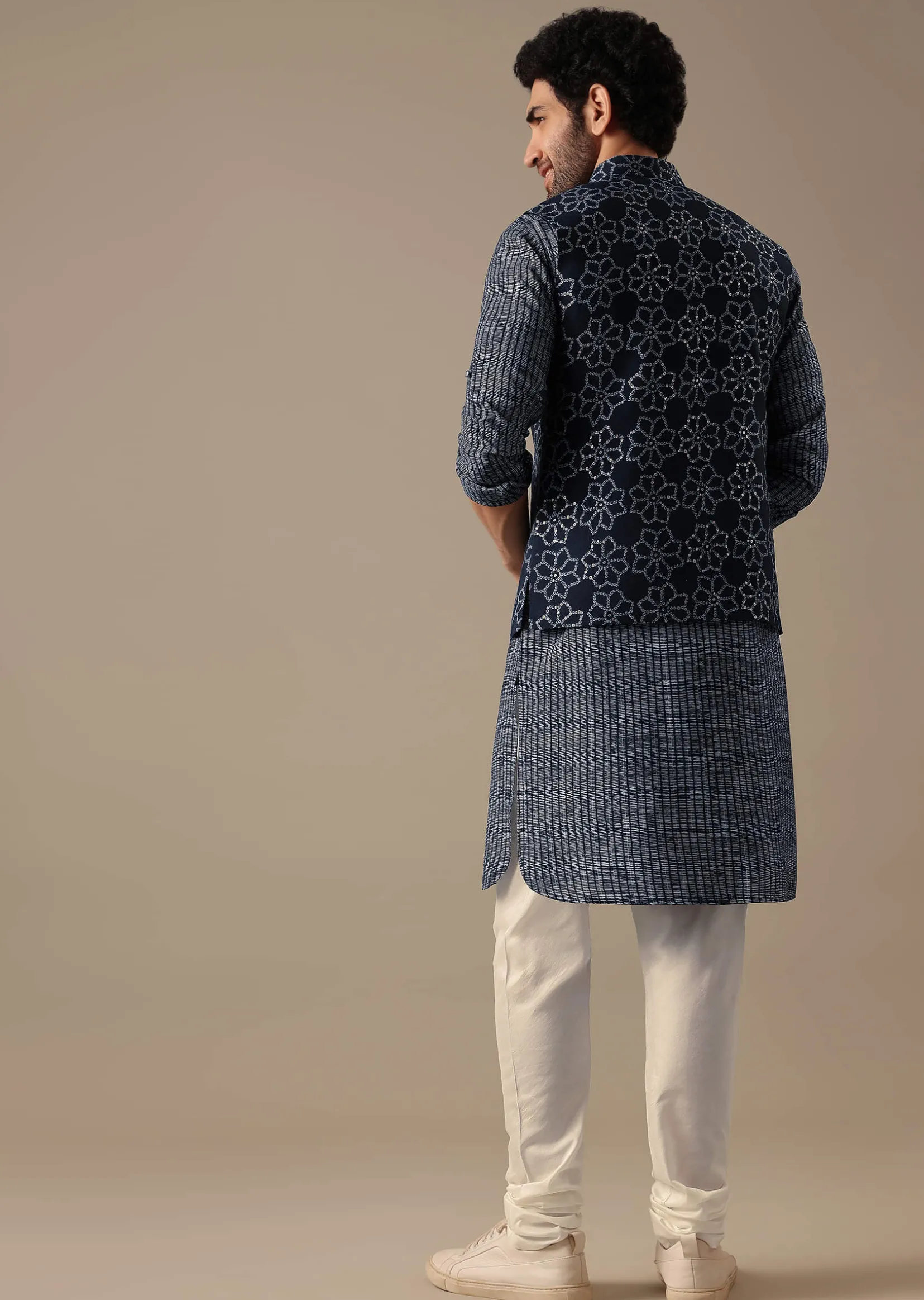 Blue Bandhani Print Bundi & Kurta Set in Silk