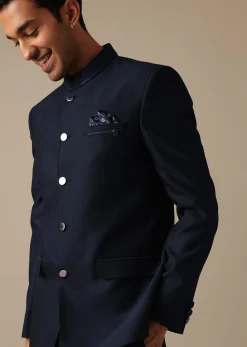 Blue Bandhgala Jodhpuri Suit In Terry Rayon