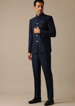 Blue Bandhgala Jodhpuri Suit In Terry Rayon