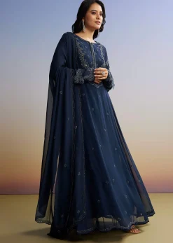 Blue Beaded Anarkali Set With Dupatta