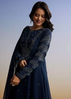 Blue Beaded Anarkali Set With Dupatta