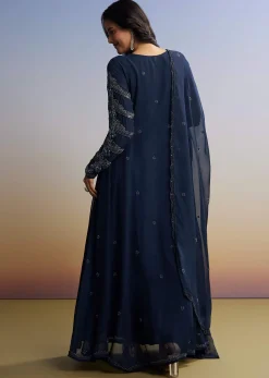 Blue Beaded Anarkali Set With Dupatta