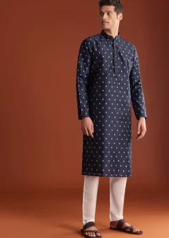 Blue Benaras Jacquard Kurta Set With Print