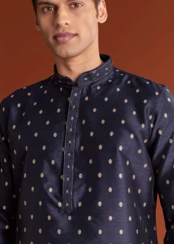 Blue Benaras Jacquard Kurta Set With Print
