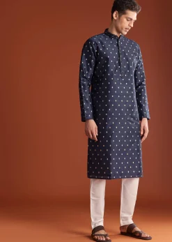 Blue Benaras Jacquard Kurta Set With Print