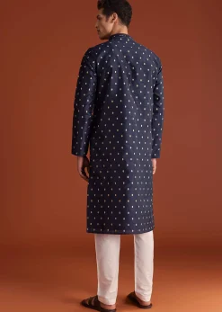 Blue Benaras Jacquard Kurta Set With Print