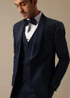 Blue Blazer And Pant Set In Terry Rayon With Cutwork Detail Tuxedo