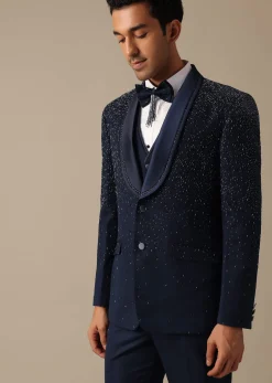 Blue Blazer And Pant Set In Terry Rayon With Cutwork Detail Tuxedo