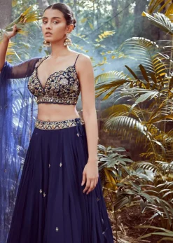 Blue blood Lehenga Choli With Hand Embroidered Crop Top Using Sequins And Beads In Floral Jaal Design