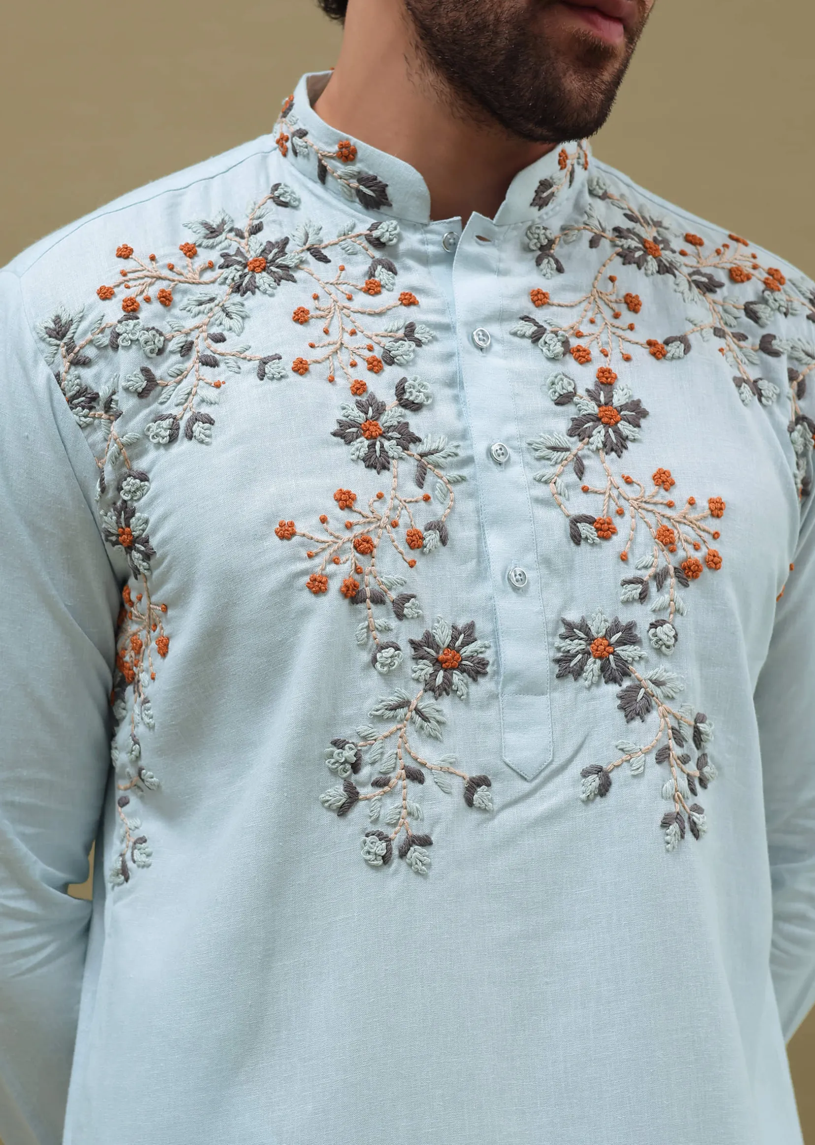 Blue Bud Embroidered Linen Kurta Set For Men