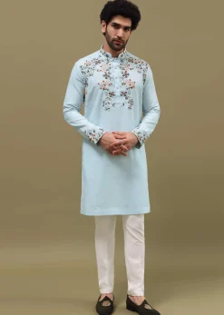 Blue Bud Embroidered Linen Kurta Set For Men