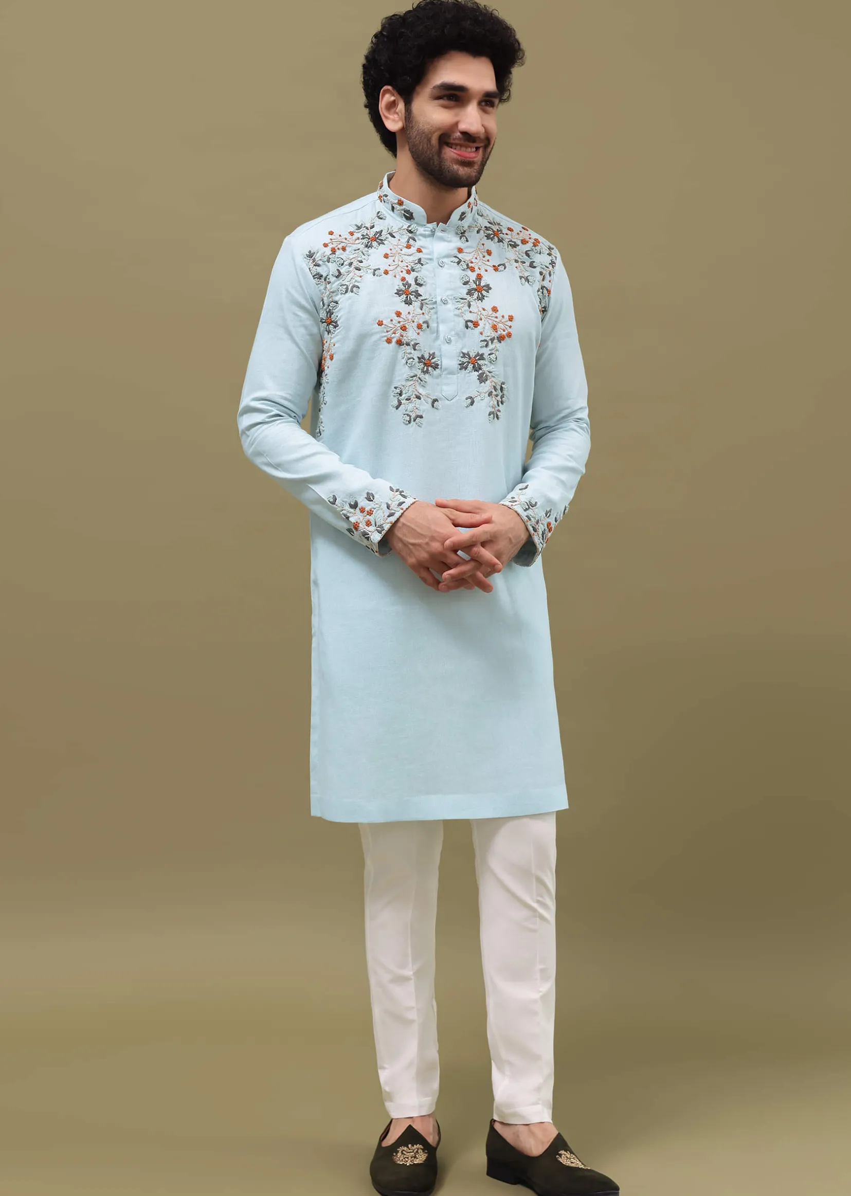 Blue Bud Embroidered Linen Kurta Set For Men