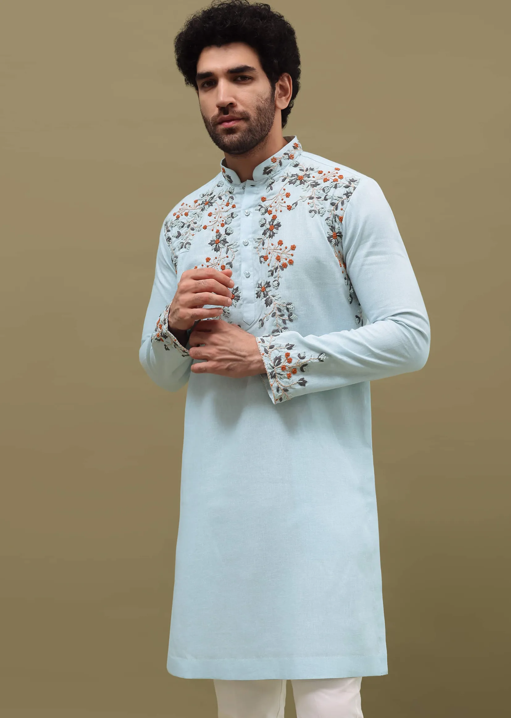 Blue Bud Embroidered Linen Kurta Set For Men
