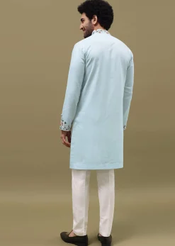 Blue Bud Embroidered Linen Kurta Set For Men