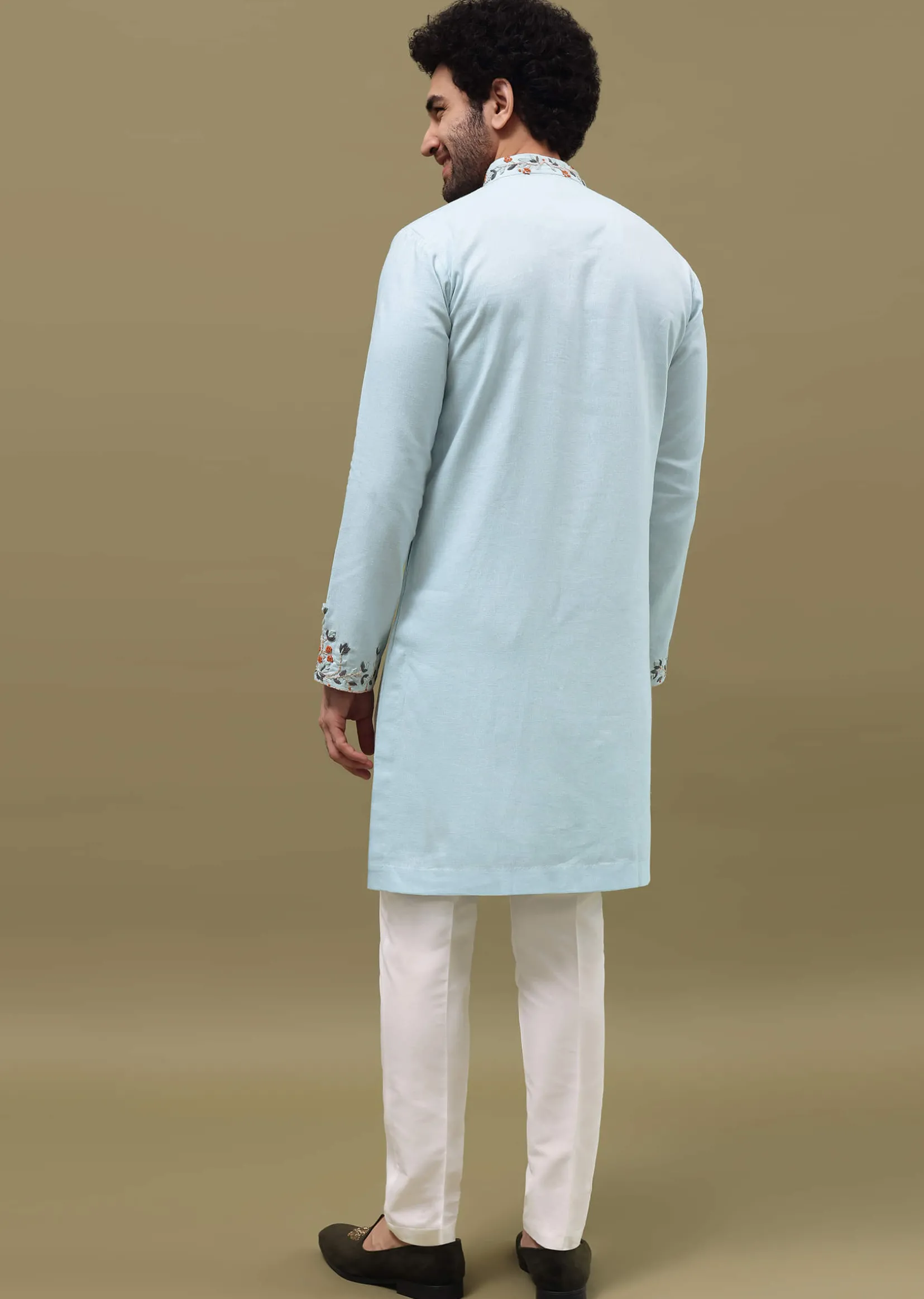 Blue Bud Embroidered Linen Kurta Set For Men