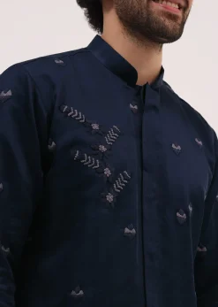 Blue Bud Embroidered Silk Kurta Set For Men