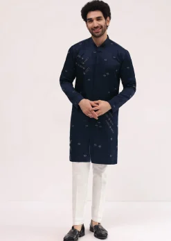 Blue Bud Embroidered Silk Kurta Set For Men
