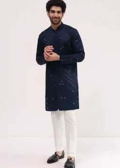 Blue Bud Embroidered Silk Kurta Set For Men