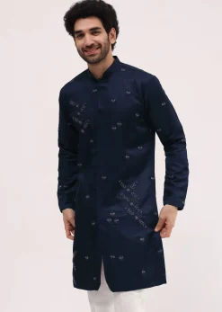 Blue Bud Embroidered Silk Kurta Set For Men