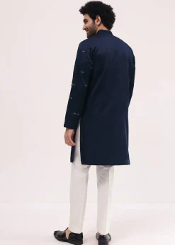 Blue Bud Embroidered Silk Kurta Set For Men