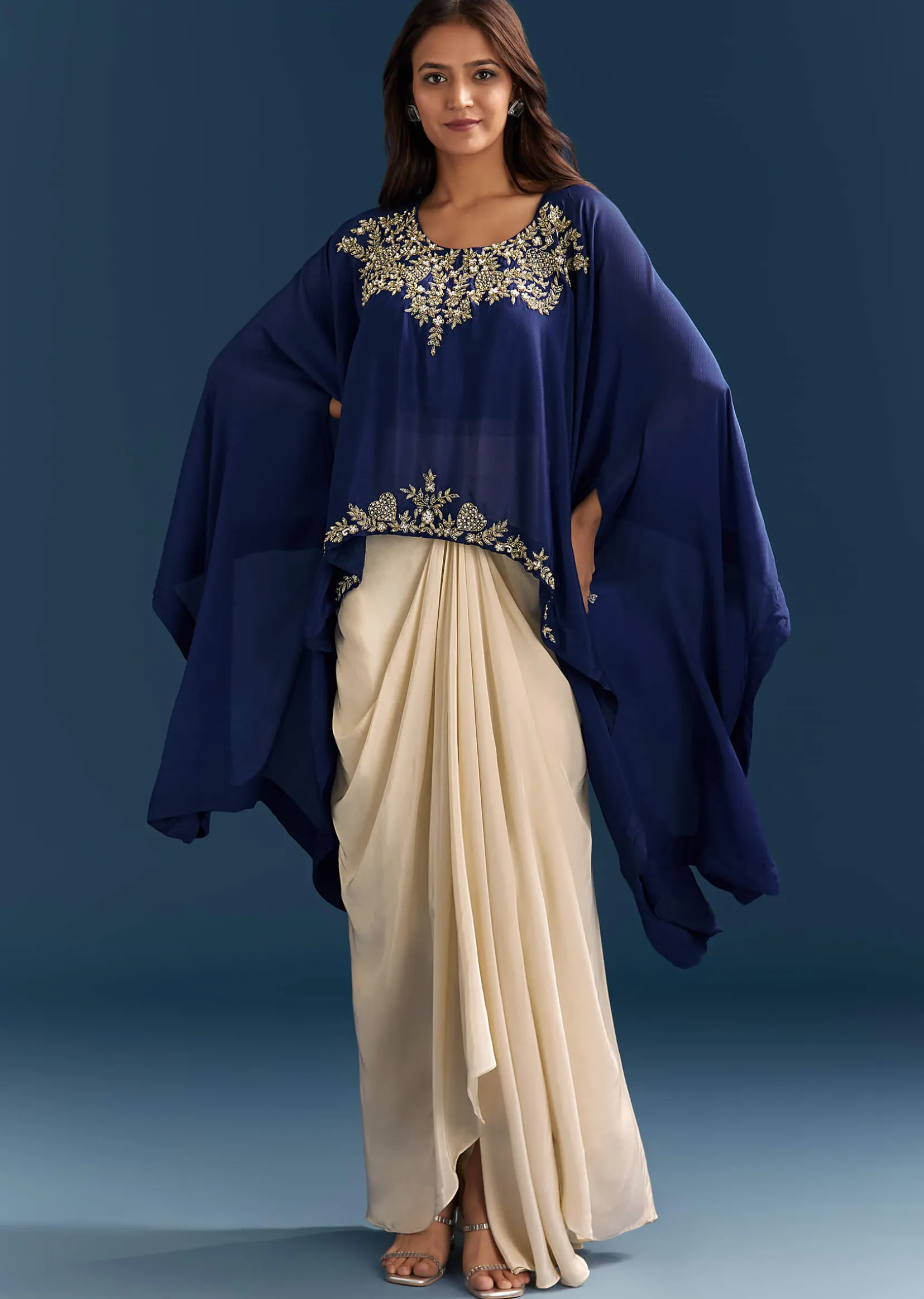 Blue Cape Crop Top Skirt With Moti And Cut Dana Work