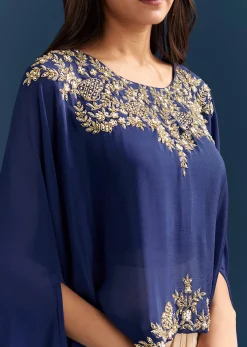 Blue Cape Crop Top Skirt With Moti And Cut Dana Work