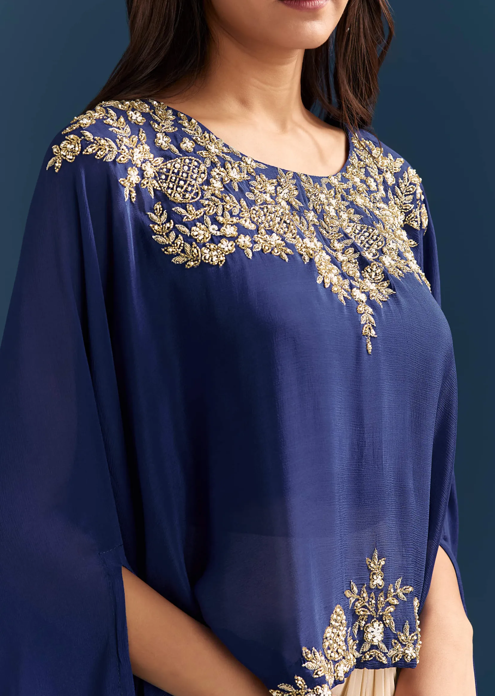 Blue Cape Crop Top Skirt With Moti And Cut Dana Work