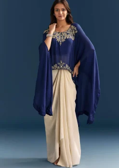 Blue Cape Crop Top Skirt With Moti And Cut Dana Work